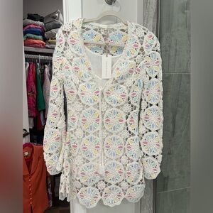 LoveShackFancy White Crochet Tunic with Pastel Accents NWT XS